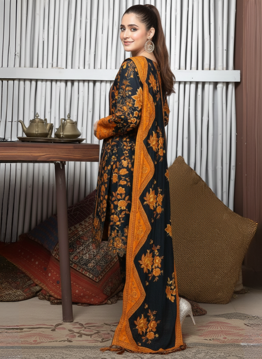 Black & Mustard Floral Printed and Embroidered Unstitched Lawn 3-Piece Suit with Lawn Dupatta