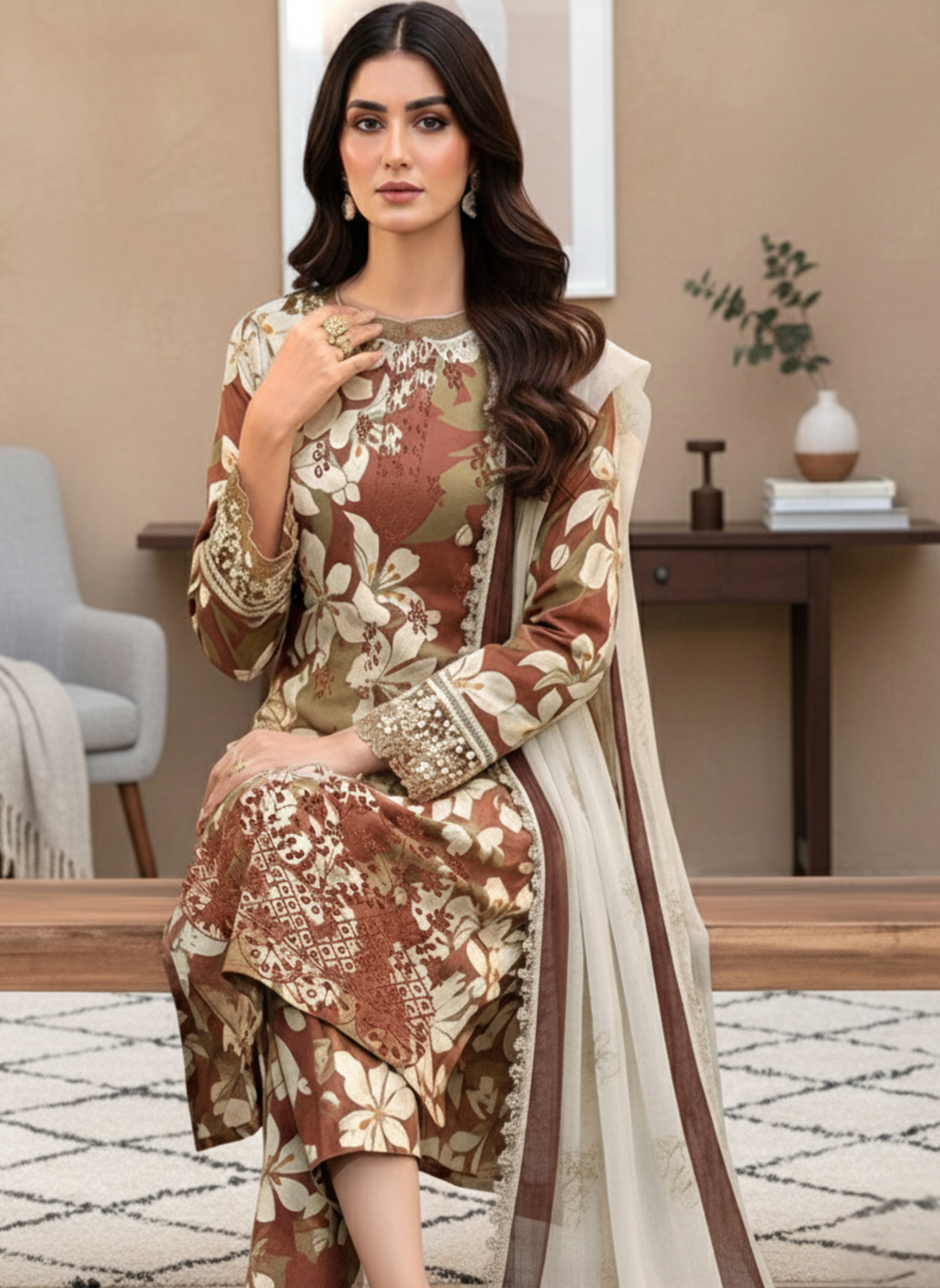Coffee & Beige Floral Untitched Embroidered 3-Piece Suit with Matching Chiffon Dupatta