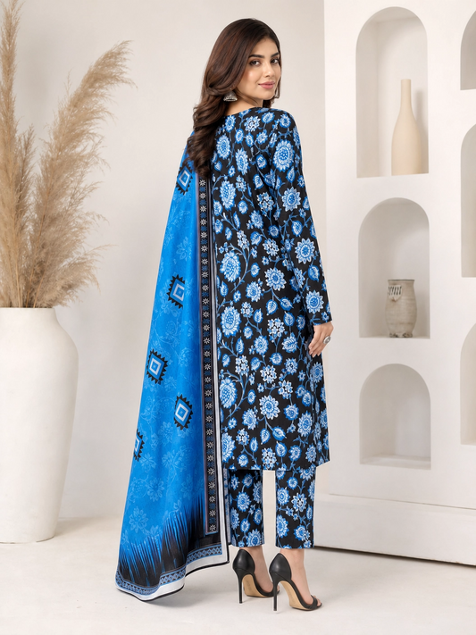 Midnight Bloom - Unstitched 3-Piece Black & Blue Floral Statement Lawn