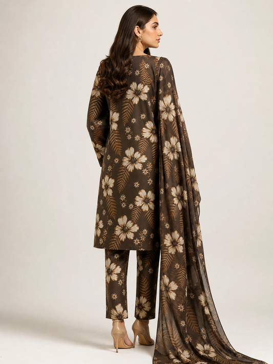 Forest Bloom - The Elegant Brown Floral 3 Piece Unstitched Lawn Suit