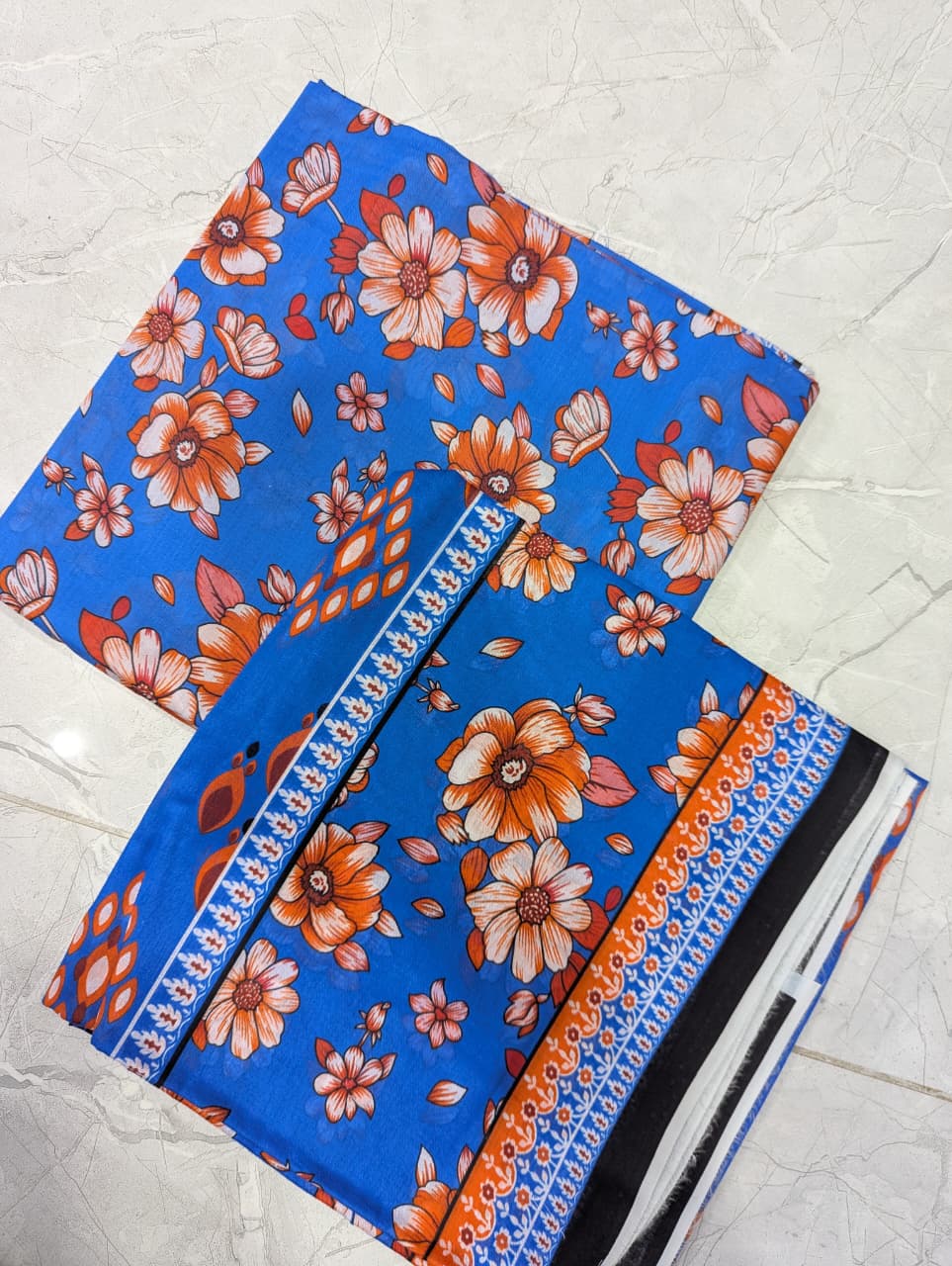 Ocean Blossom - Vibrant Royal Blue & Orange Floral 3 Piece Unstitched Lawn Dress