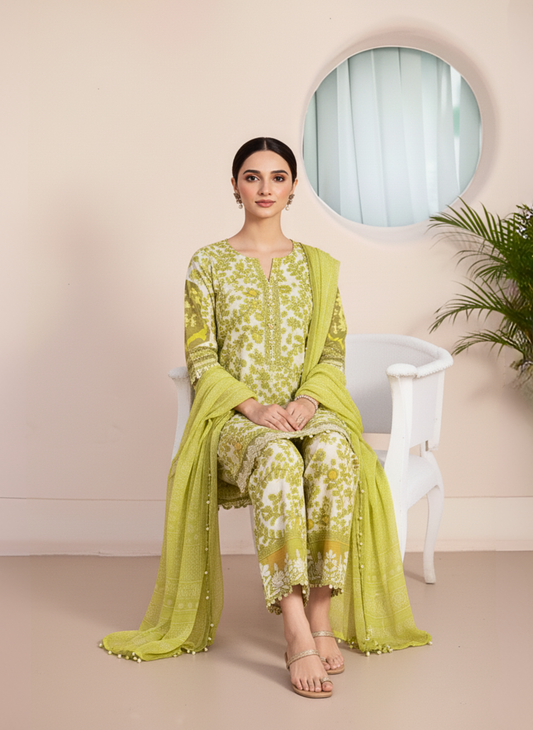 Lime Green Printed & Embroidered Unstitched Lawn 3-Piece Suit with Lawn Dupatta