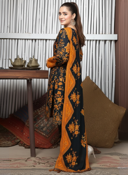 Black & Mustard Floral Printed and Embroidered Unstitched Lawn 3-Piece Suit with Lawn Dupatta