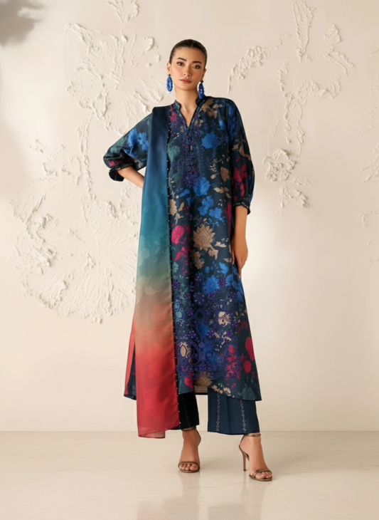Midnight Blue Multicolor Unstitched Embroidered 3-Piece Suit with Ombre Chiffon Dupatta
