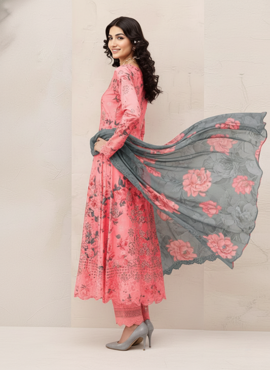 Blush Pink Unstitched Embroidered 3-Piece Suit with Charcoal Grey Chiffon Dupatta