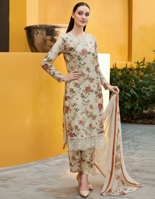 Elegant Beige Floral Printed and Embroidered Lawn Suit with Chiffon Dupatta – Luxury 3-Piece Unstitched