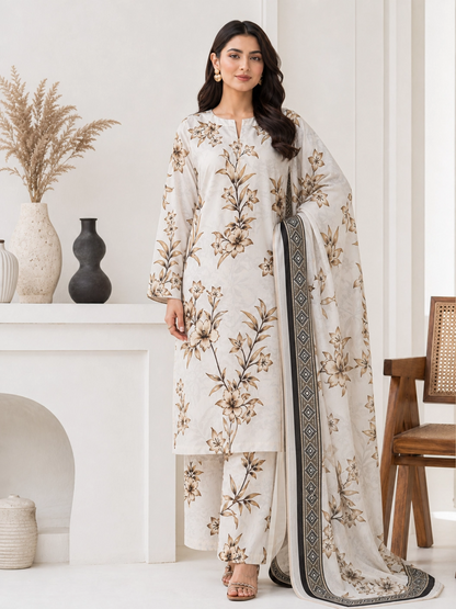 Timeless Bloom - Unstitched 3-Piece Luxury Lawn Suit - Brown & Beige Floral