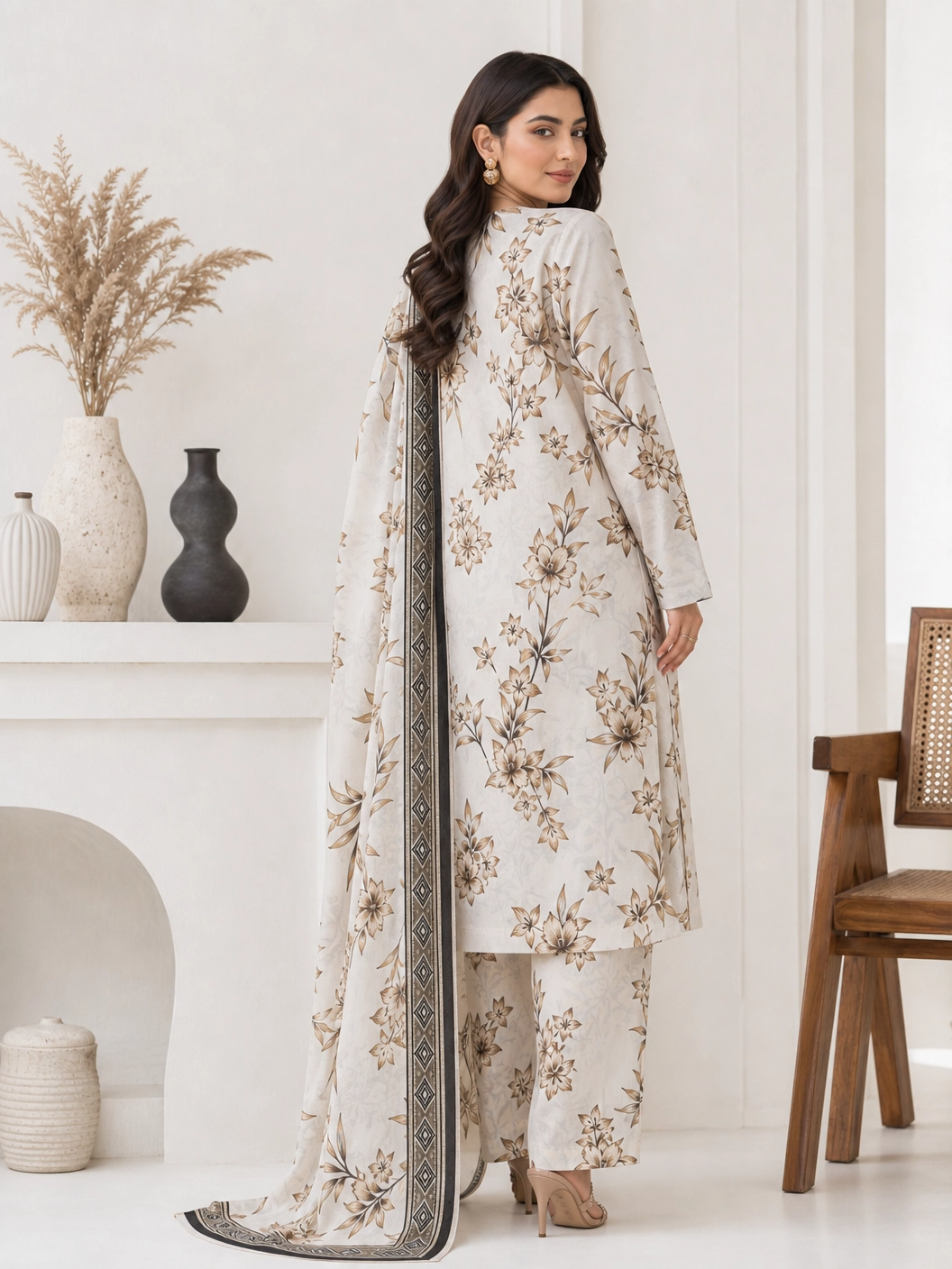 Timeless Bloom - Unstitched 3-Piece Luxury Lawn Suit - Brown & Beige Floral