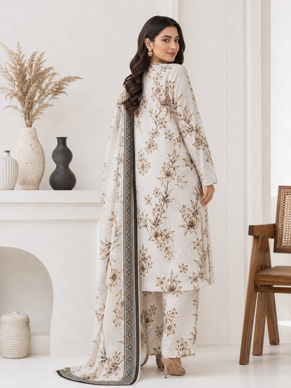 Timeless Bloom - Unstitched 3-Piece Luxury Lawn Suit - Brown & Beige Floral