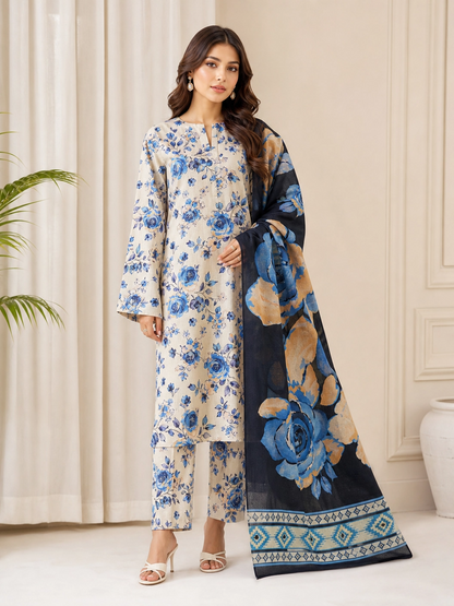 Azure Whisper - Unstitched 3-Piece Cream Lawn Suit with Blue & Peach Roses