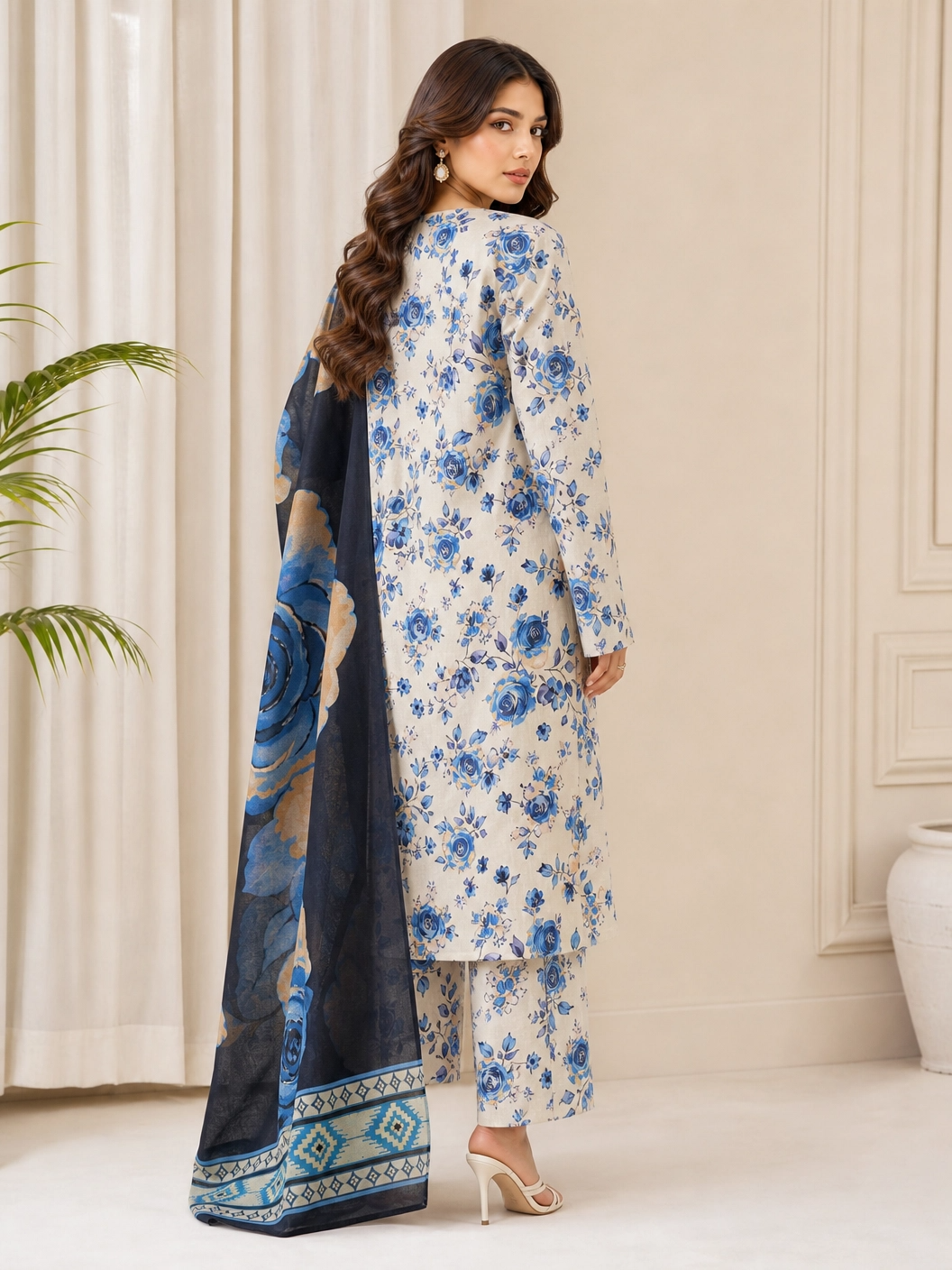 Azure Whisper - Unstitched 3-Piece Cream Lawn Suit with Blue & Peach Roses