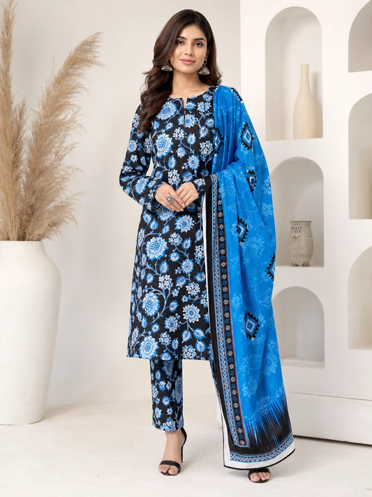 Midnight Bloom - Unstitched 3-Piece Black & Blue Floral Statement Lawn