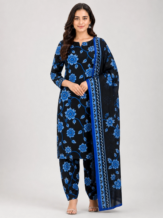 Ebony Sapphire - Captivating Black & Blue Floral Unstitched 3-Piece Dress