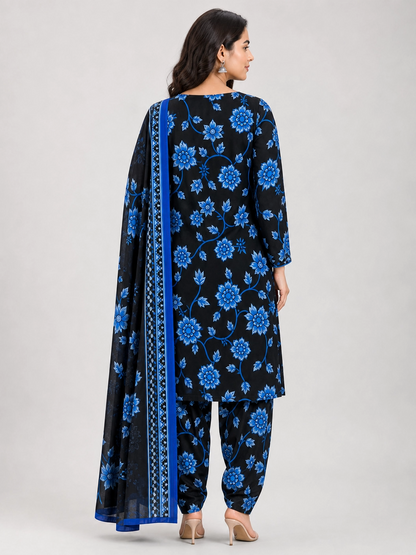 Ebony Sapphire - Captivating Black & Blue Floral Unstitched 3-Piece Dress