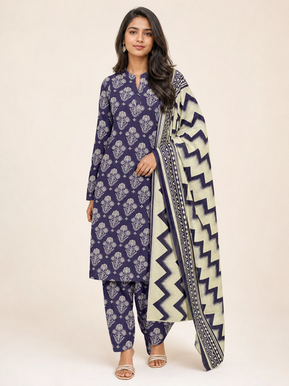 Majestic Indigo Heritage - Timeless Block Print Unstitched 3-Piece Suit