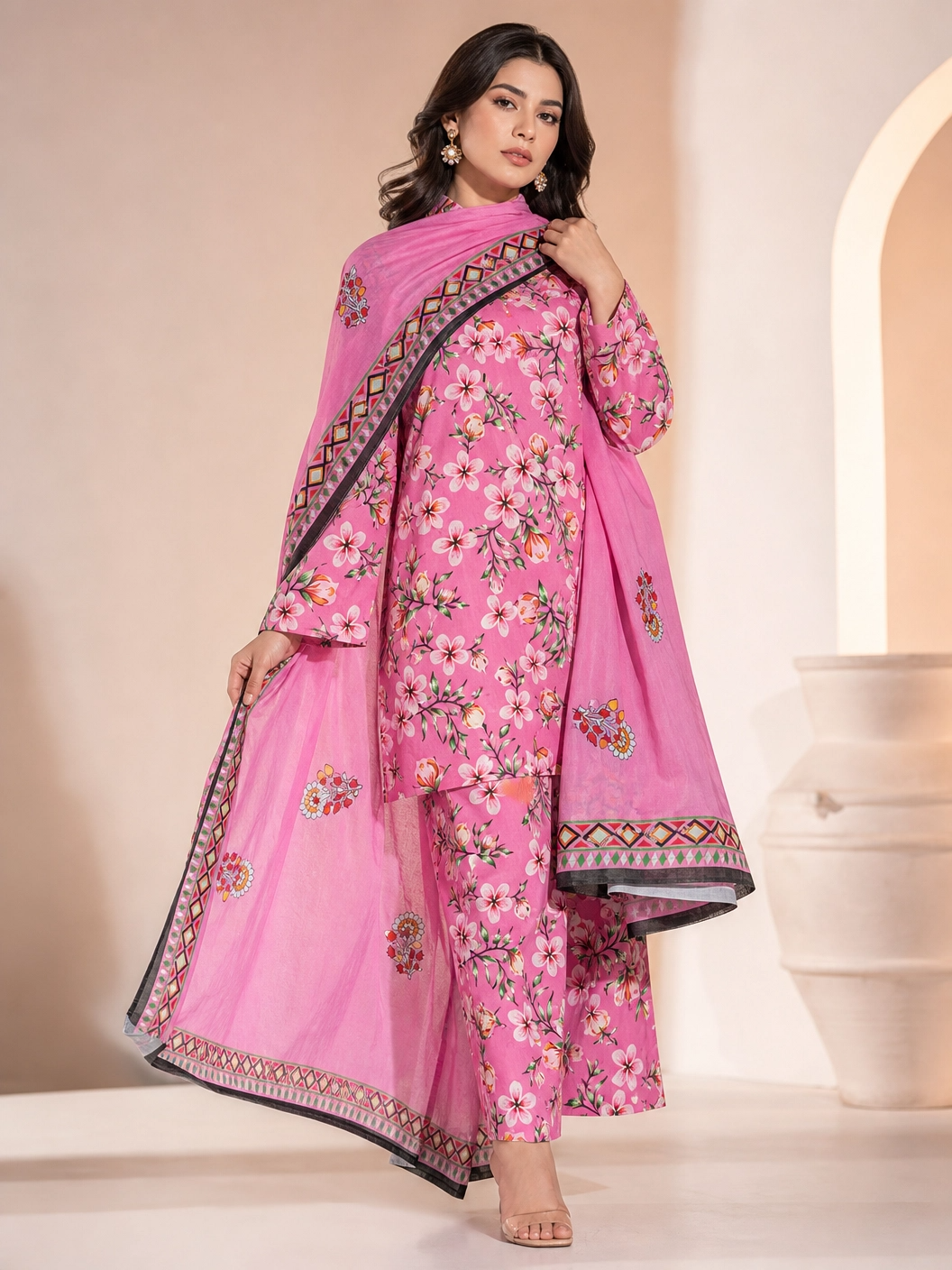 Blossom Serenity - Pink Floral Unstitched 3-Piece Suit