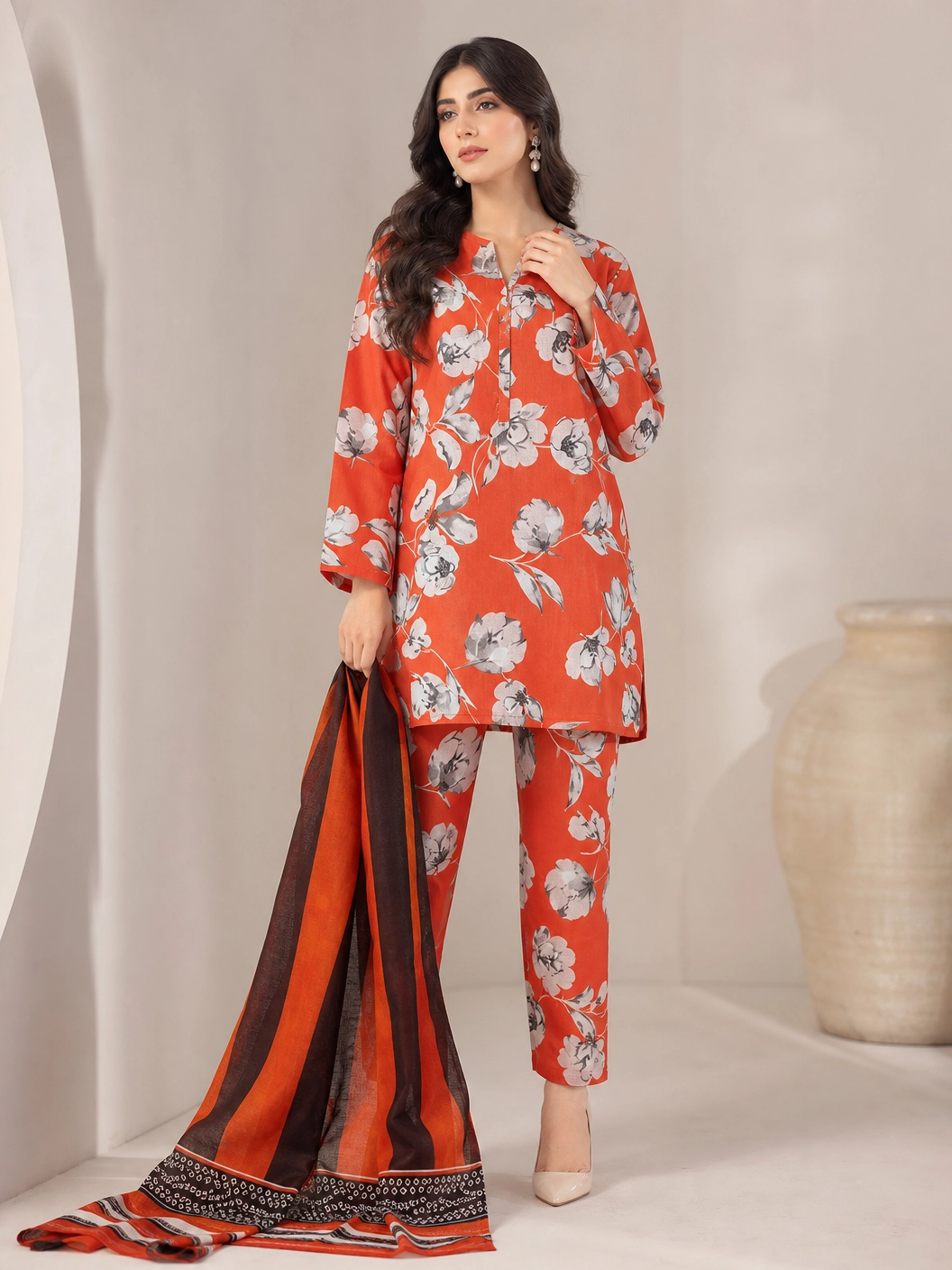 Autumn Radiance - Orange Floral Unstitched 3-Piece Suit