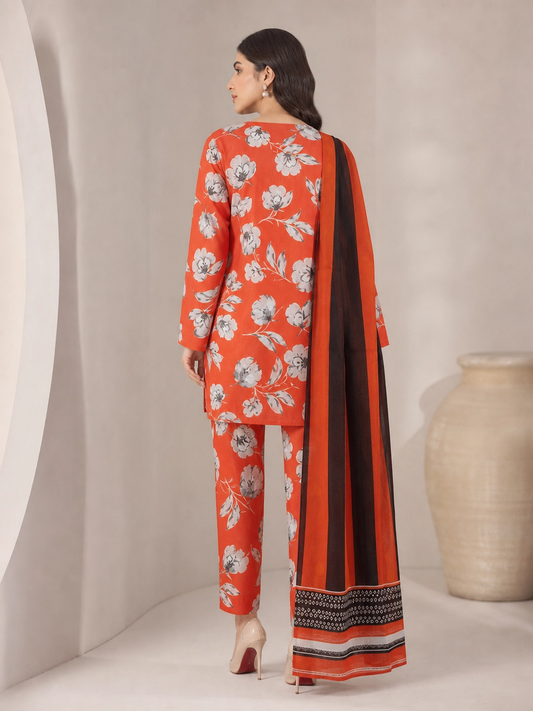 Autumn Radiance - Orange Floral Unstitched 3-Piece Suit