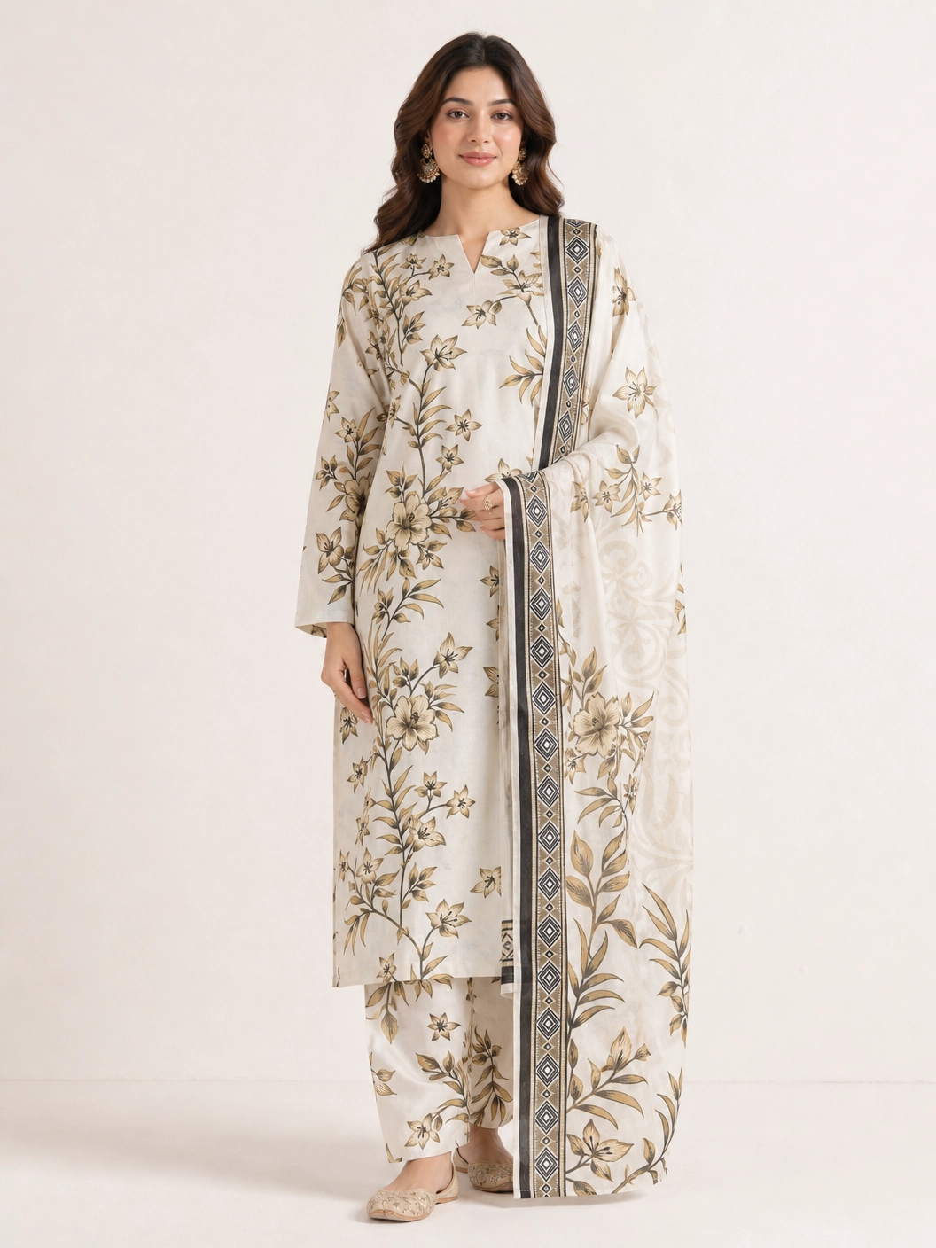Earthy Bloom - The Serene Brown Floral 3 Piece Unstitched Lawn Suit