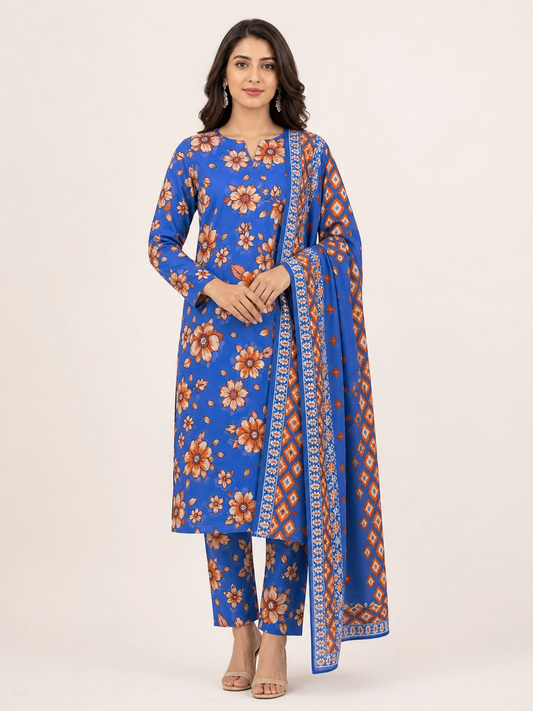Ocean Blossom - Vibrant Royal Blue & Orange Floral 3 Piece Unstitched Lawn Dress