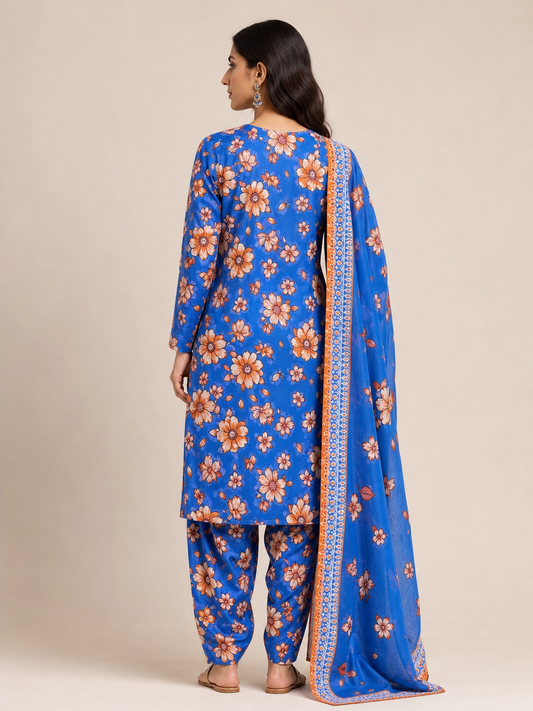 Ocean Blossom - Vibrant Royal Blue & Orange Floral 3 Piece Unstitched Lawn Dress