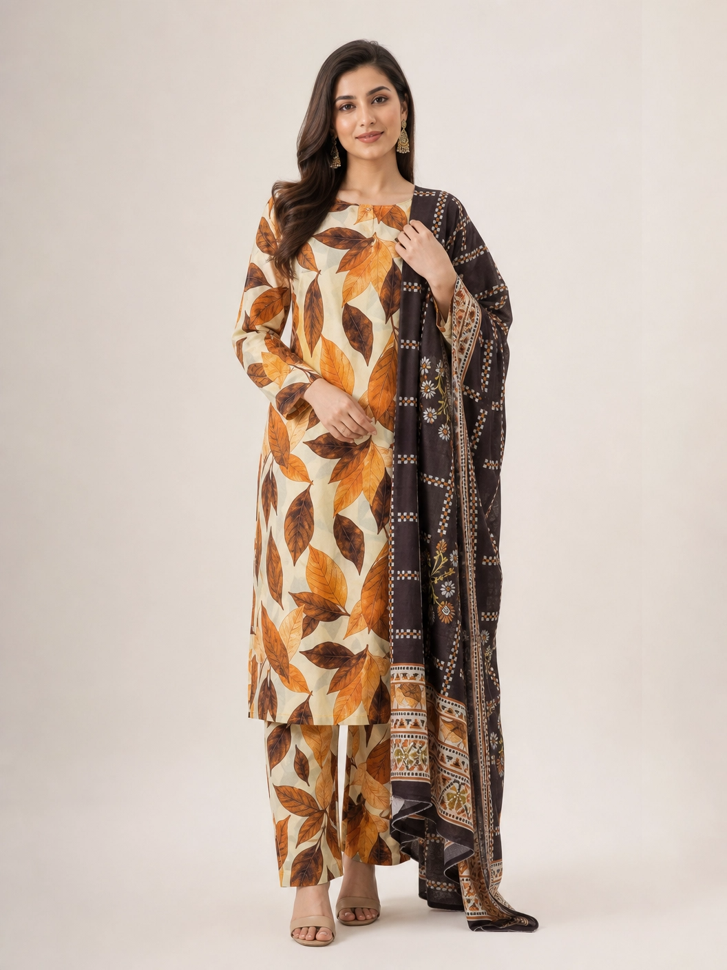 Autumn Leaves - Rustic Orange & Brown Foliage 3 Piece Unstitched Lawn Suit