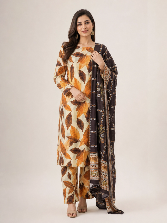 Autumn Leaves - Rustic Orange & Brown Foliage 3 Piece Unstitched Lawn Suit