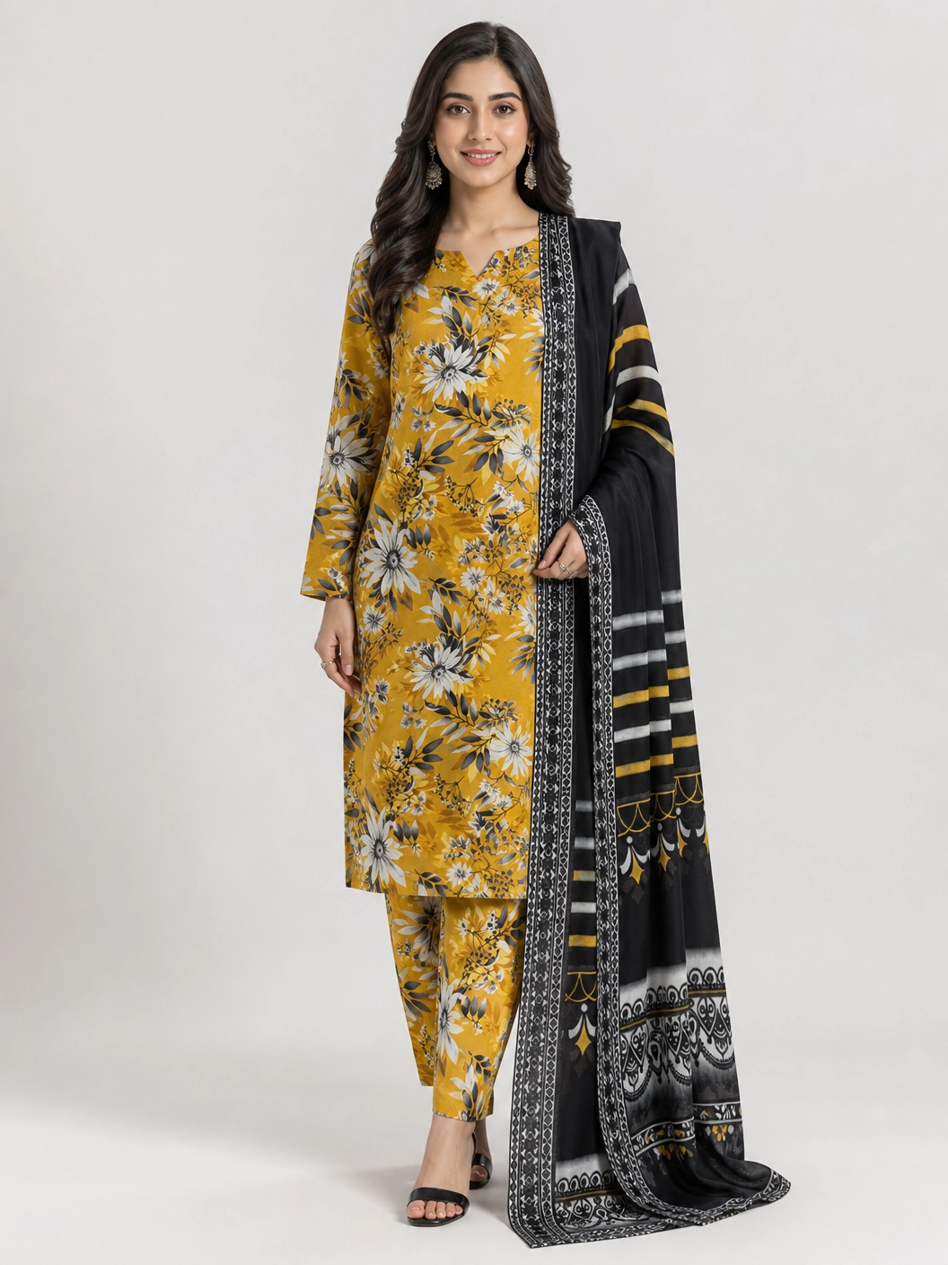 Golden Marigold - Radiant Mustard Yellow & White Floral 3 Piece Unstitched Lawn