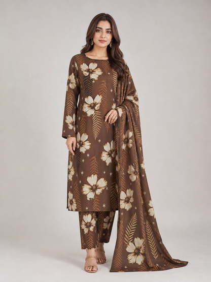 Forest Bloom - The Elegant Brown Floral 3 Piece Unstitched Lawn Suit