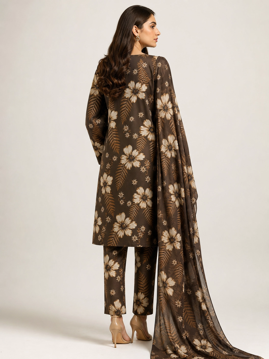 Forest Bloom - The Elegant Brown Floral 3 Piece Unstitched Lawn Suit
