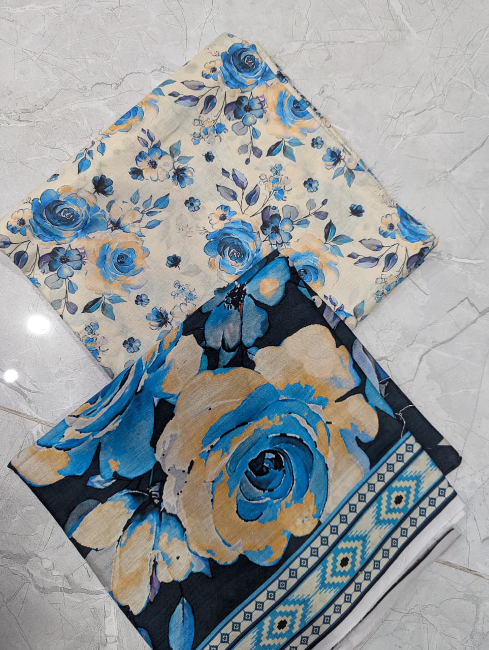 Azure Whisper - Unstitched 3-Piece Cream Lawn Suit with Blue & Peach Roses