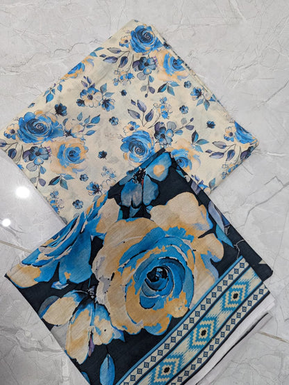 Azure Whisper - Unstitched 3-Piece Cream Lawn Suit with Blue & Peach Roses