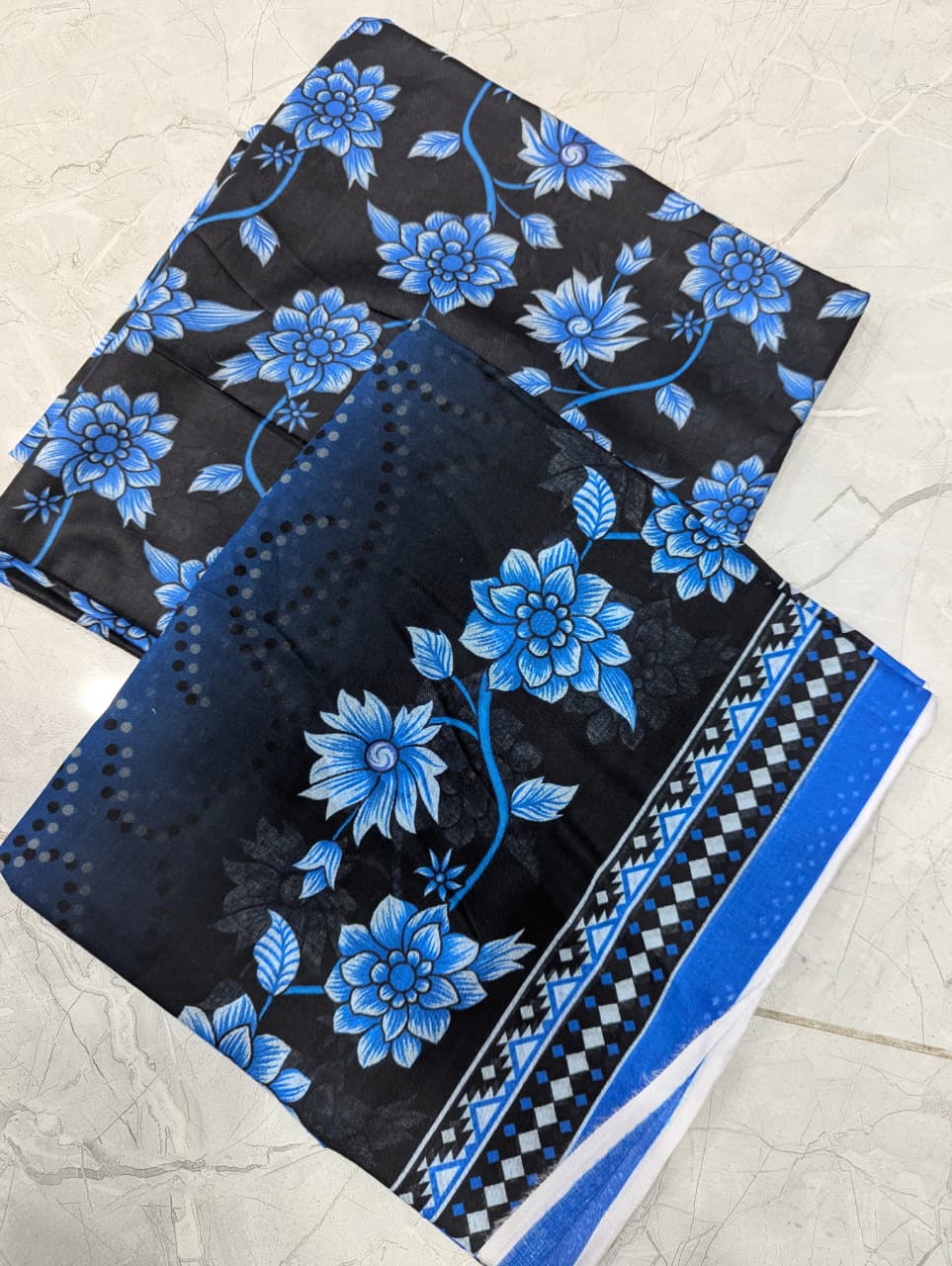 Ebony Sapphire - Captivating Black & Blue Floral Unstitched 3-Piece Dress